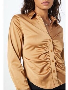 Abercrombie & Fitch Gold Satin Ruched Button-Down Shirt